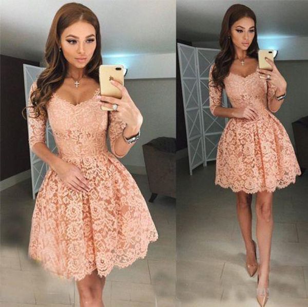 

2018 Elegant Coral Lace Short Cocktail Prom Dresses Half Sleeves Illusion Scoop Neck A line Pleated Homecoming Party Dress Evening Gowns