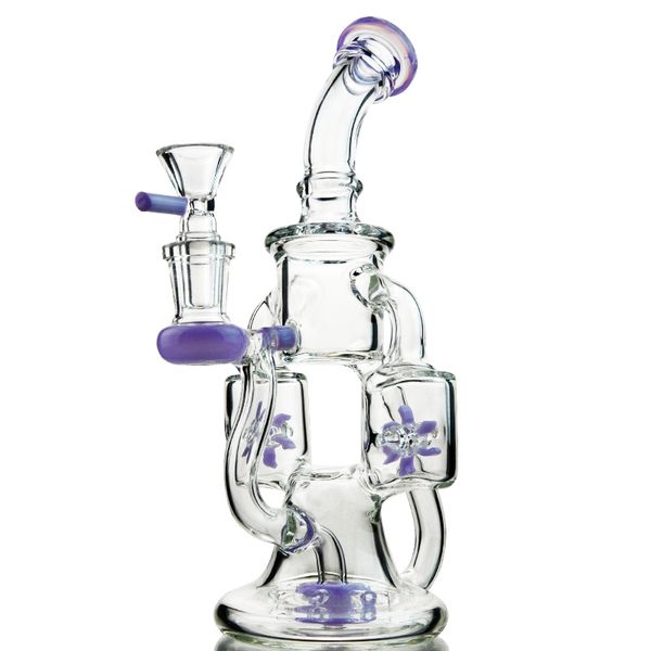 Bong Dab Rigs in vetro di colore verde viola con narghilè spruzzati ed elica Perc Perfect Double Recycler Oil Rig Water Bong Pipe per fumare XL167