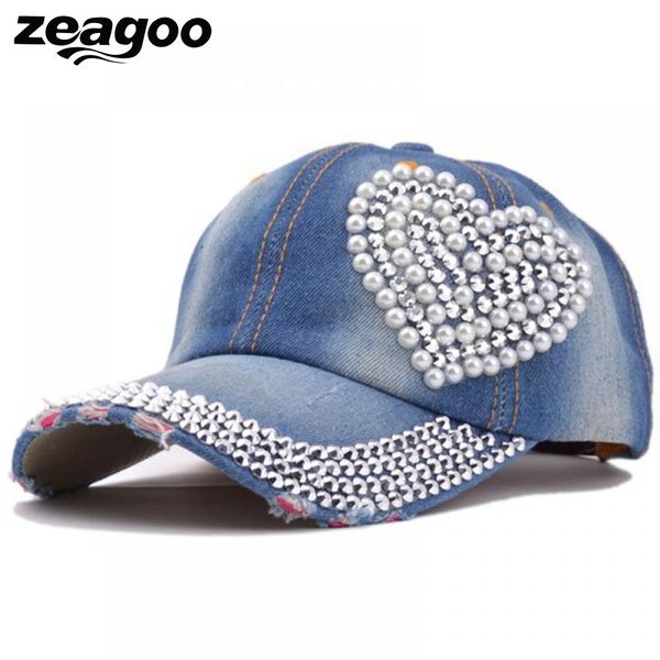 

zeagoo 2018 korean style denim caps for women spring/summer/autumn/winner rhinestone heart shape dot adjustable baseball cap, Blue;gray