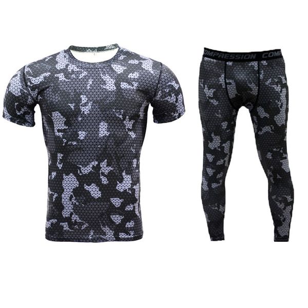 

camo short sleeved t-shirt high elastic running set men fitness tight sport suit gym training men's sports sportswear sweatshirt, Black;blue