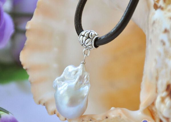 

jewelr 006026 huge 17" white baroque keshi reborn pearl pendant leather necklace, Silver