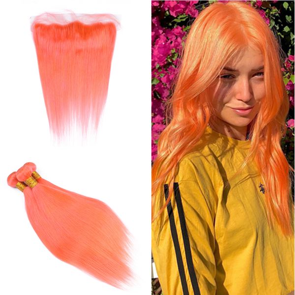 Orange Color Hair Weft Extensions With Frontal 13x4 Brazilian Sun