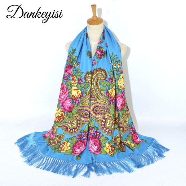 

dankeyisi new fashion long women scarf female cotton long tassel print neck scarf autumn winter shawl for women floural, Blue;gray
