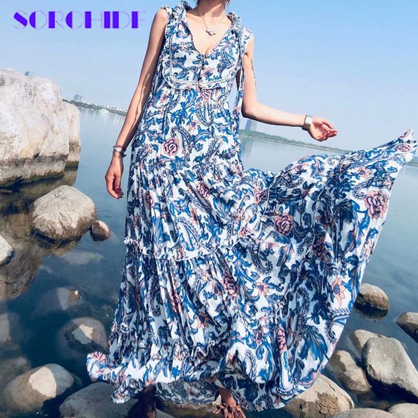

sorchidf 2018 women summer dress blue floral pleated sleeves dresses maxi beach seaside long holiday vestido, Black;gray