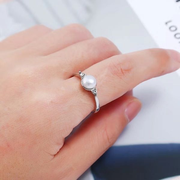 

natural pearl diamond ring women girl office lady love three stone rings japanese simple finger jewelry harajuku accessories ing, Golden;silver