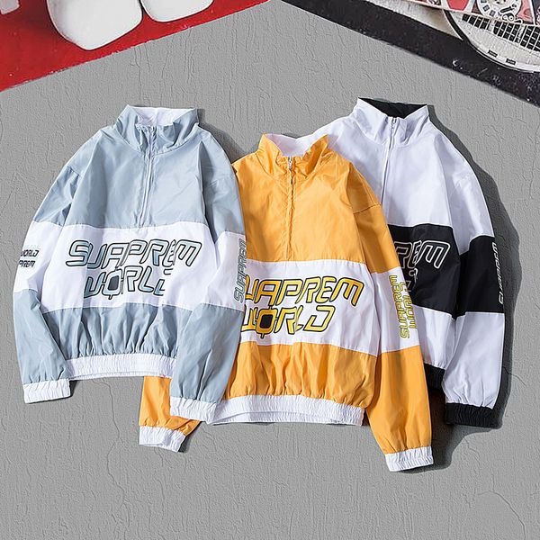 

men and women hip-hop loose baseball trench stand loose spliced thin windbreaker jacket casual windbreaker letter coats, Tan;black