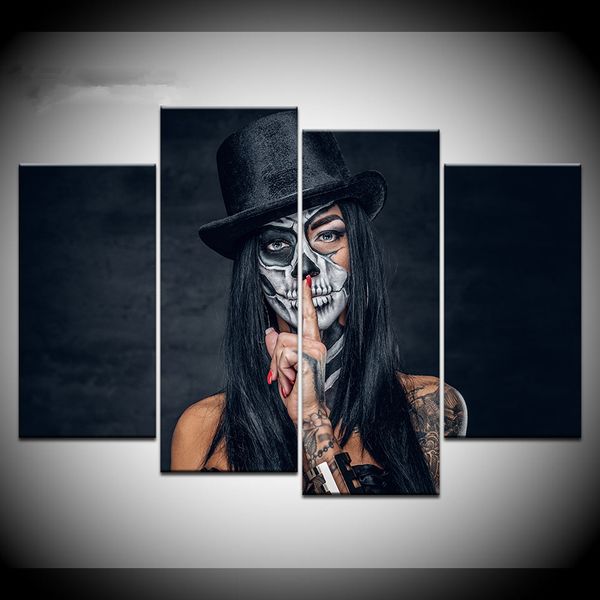 

4 panels tattoo skull girl canvas painting modern home decor vintage wall art picture for living room (no framed) artwork