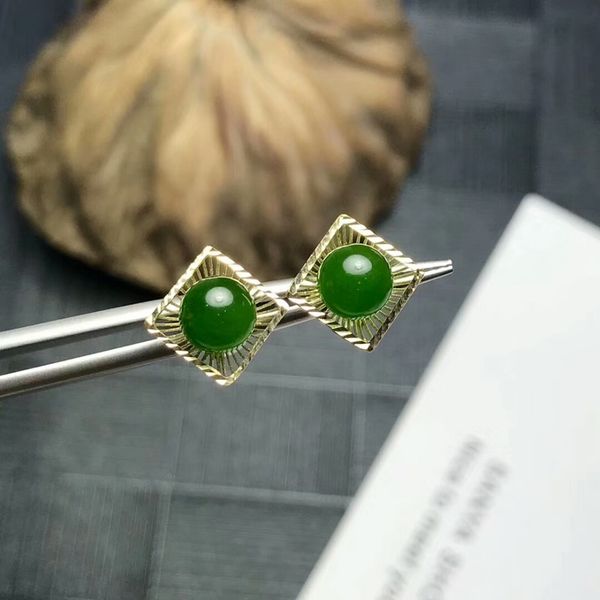 

meibapj]natural jasper gemstone simple stud earrings real 18k gold green stone earrings fine charm jewelry for women, Golden;silver