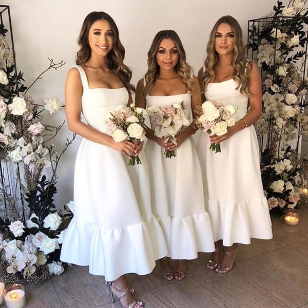 

fashion white maid of honor gowns square straps sleeveless ankle length bridesmaid dress elegant a-line satin prom dress party gowns, White;pink