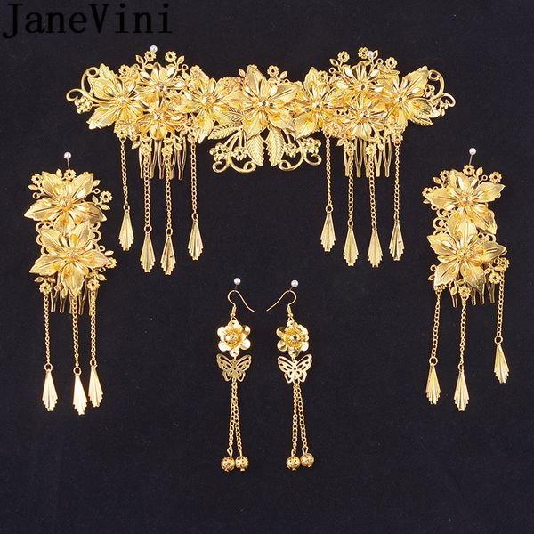 

janevini chinese oriental wedding hair accessories gold hair combs set crown headband metal forehead bridal jewelry headdress c18110801, Slivery;golden