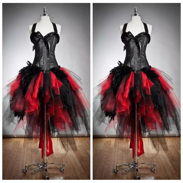 

2022 halter slim ball gown tulle gothic red and black corset prom dresses custom size fur and tulle burlesque hi lo special party dress