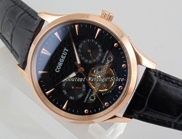 

44mm corgeut black dial day&date polished rose gold case automatic men's watch, Slivery;brown