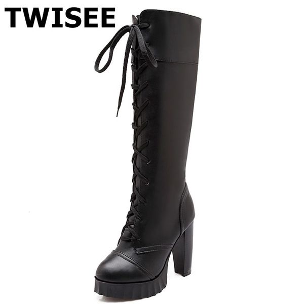 

knee high boots new style zapatos mujer cross tied pumps fashion woman party shoes round toe lace up spike heels, Black