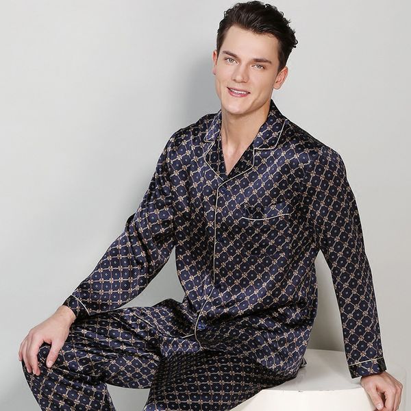 

man's autumn winter two-piece genuine silk pajama sets spring summer long-sleeve long pants silk sleepwear male t9016, Black;brown