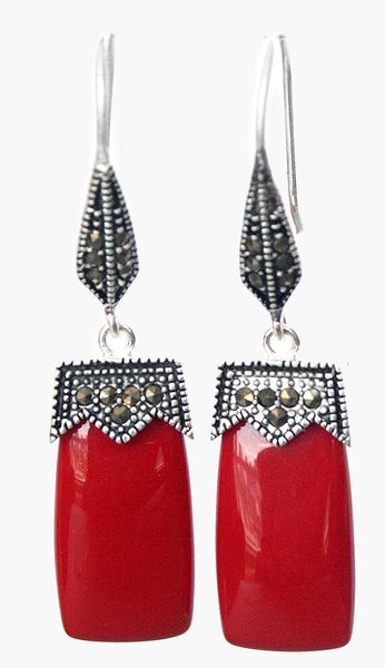 

nice vintage red coral 925 silver & marcasite earrings 2, Golden;silver