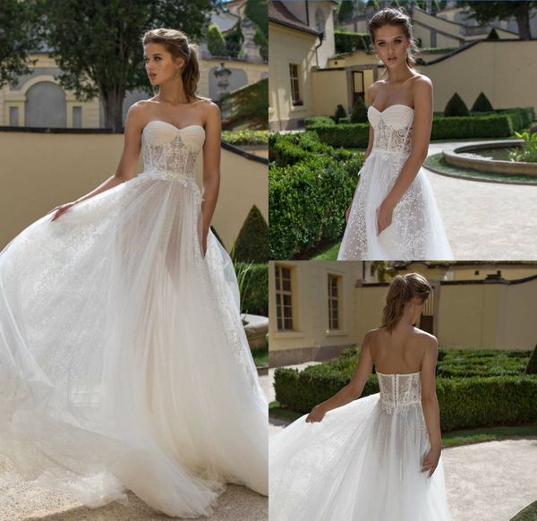 

2019 a line beach wedding dresses sweetheart illusion sweep train lace appliques boho wedding dress custom plus size bohemian bridal gowns, White