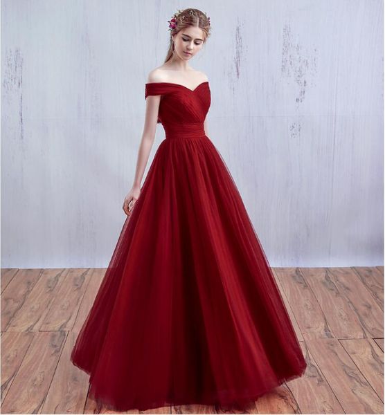 Abiti da sera economici in tulle rosso con spalle scoperte Abiti da festa senza schienale Sweep Train Pieghettato Plus Size Corsetto Abiti da ballo formali HY135