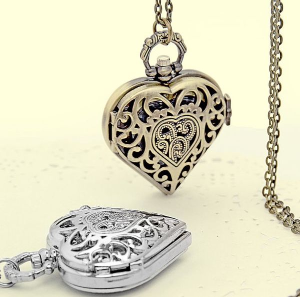 

fashion silver bronze heart shape long necklace women girl vintage quartz pocket watch hollow steampunk mom mother's day gifts, Slivery;golden