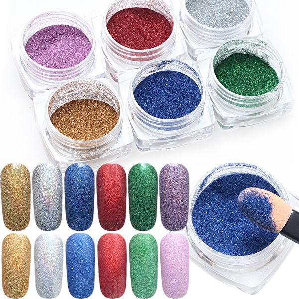 

6pcs/set nail art glitter powder mirror effect rainbow ab powder dust with sponge stick 1g diy silver blue nail bz056, Silver;gold