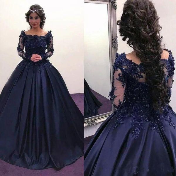 

2018 Navy Blue Long Sleeve Prom Dresses Bateau Lace Satin masquerade Ball Gown African Evening Formal Dress vestidos Plus Size