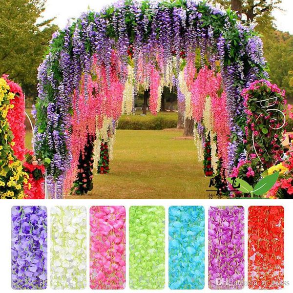 Decoração de casamento flor artificial 110cm elegante seda 7 cores glicínias videira rattan para Centerpieces