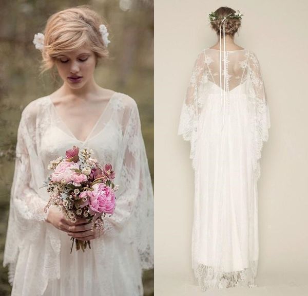 

romantic boho lace wedding dresses 2019 new design white ivory selling custom a-line v-neck long sleeve sheer beach bridal gowns w070