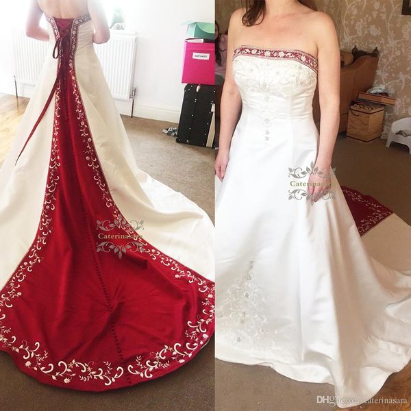 

bridal gowns strapless satin embroidery red and white wedding dresses zuhair murad lace up with sweep train custom made