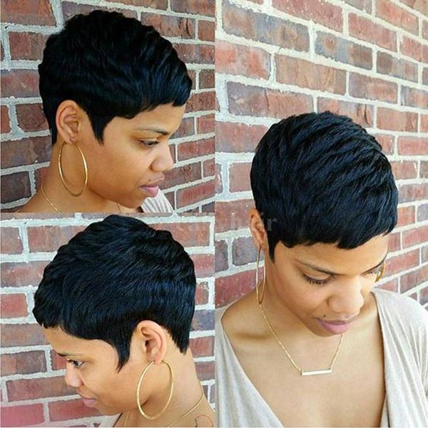 Natural Black Layered Pixie Cut Short Perücke mit Pony Tapered Sty