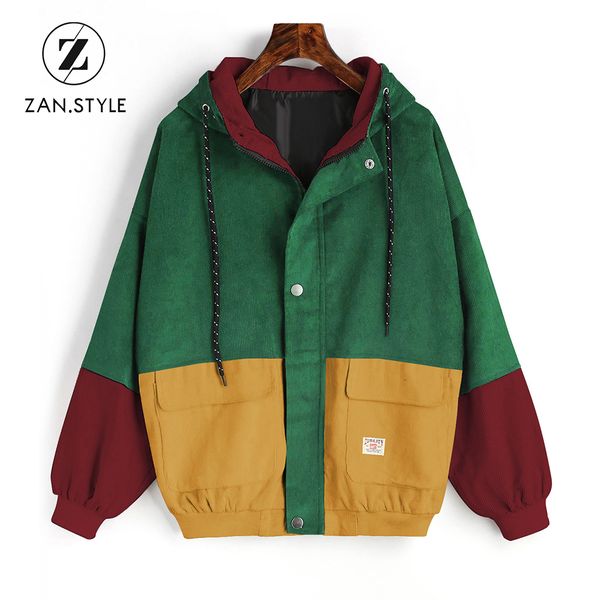 

ZAN.STYLE Зимний теплый цвет блока с капюшоном вельветовая куртка Drawstring Hit цвет с запл