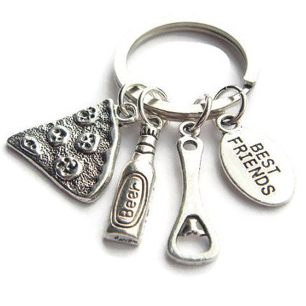 

yamily 12pcs/lot friend keychain antique silver bottle opener pizza beer charm pendant key ring friend jewelry gift