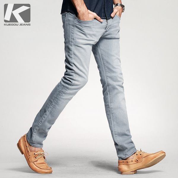 

kuegou new spring mens casual denim pants thin gray color with pockets for man's slim fit jeans male wear brand trousers 2337, Blue