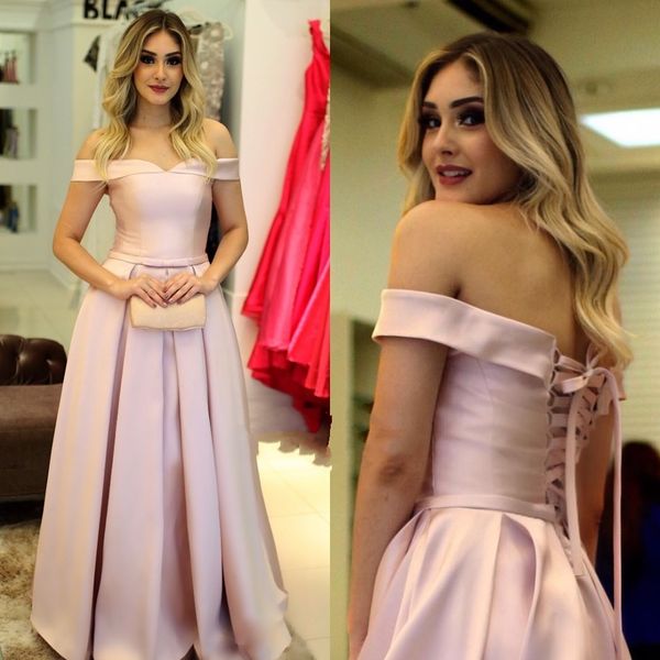 2023 simples vestidos de baile rosa A-line elegante fora do ombro Vestidos de renda da noite para cetim Casamentos personalizados Vestido de convidado