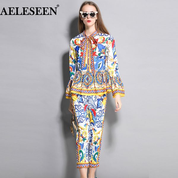 

aeleseen fashion runway 2 piece set 2018 new porcelain print twinset bow flower sleeve blusa + calf-length pencil pants suit, Gray
