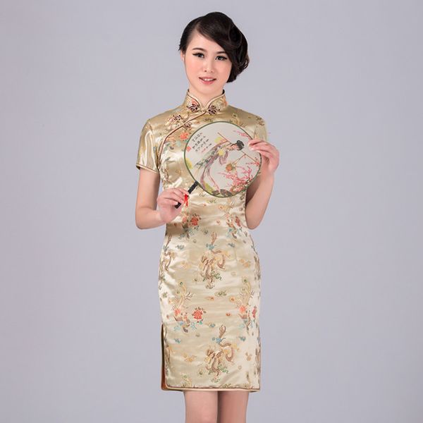 

gold traditional chinese classic dress mujere vestido women's satin cheongsam mini qipao size s  l xl xxl xxxl 4xl 5xl 6xl, Red