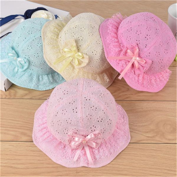 

2020 cute princess hollow bow baby girls sun hats summer infant girls bucket hat lace bowknot flower cotton sun cap, Yellow