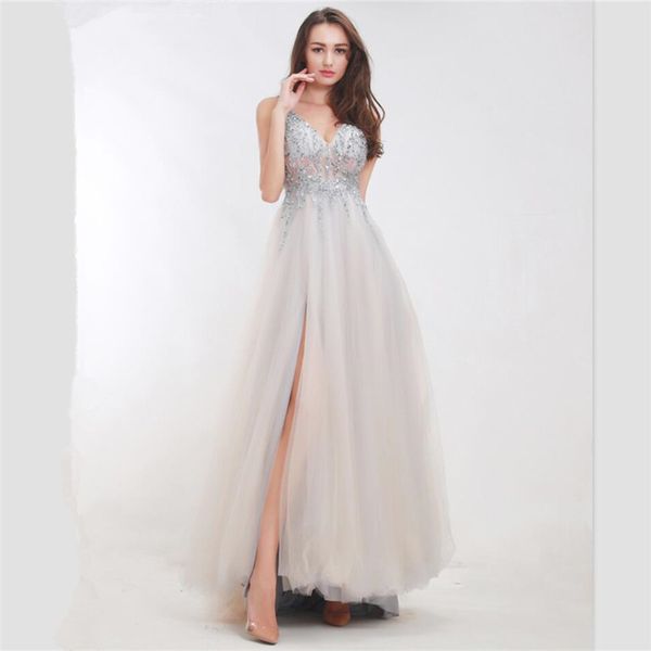 

beads prom dresses custom v neck side slit crystals evening sweep train ball gown party gowns robe de mariÃ©e, Black