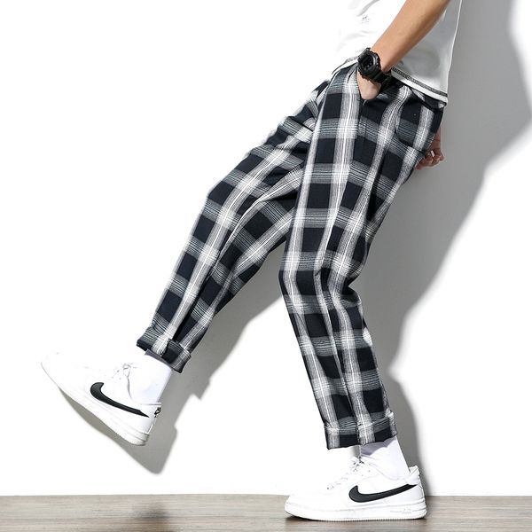 

2021 men jogger trousers waist casual hip streetwear fashion harem hop women plaid elastic pant m-5xl sweatpants size plus male dfmpb, Black