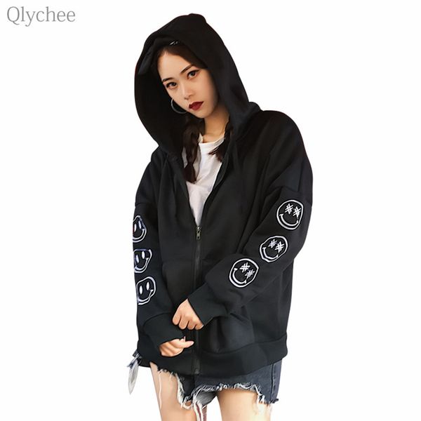 

qlychee embroidery smile face hooded coat zipper long sleeve women coats jackets spring autumn casual loose female coats, Black;brown