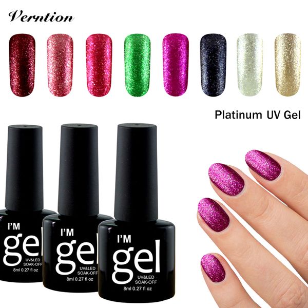 

verntion semi permanent platinum nail polish soak off uv led starry nail gel lacquer glitter series gel polish art, Red;pink