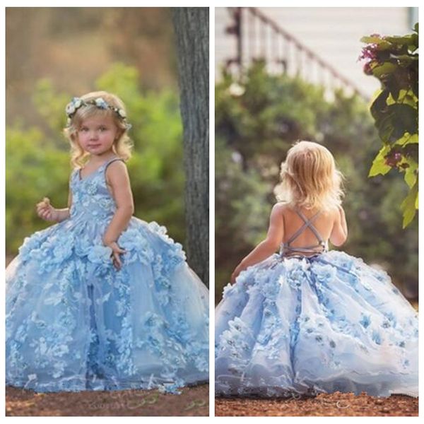 

3d floral applique flower girls dresses 2021 cross straps backless communion party gowns puffy tulle birthday ball gown girls pageant dress, White;blue