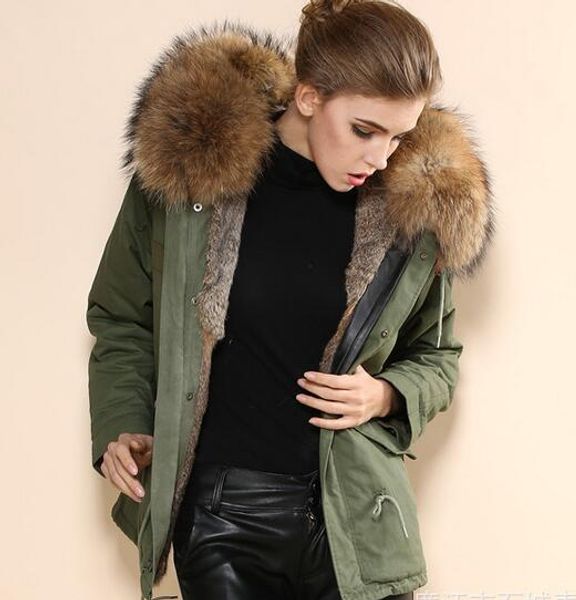 

fashion meifeng brown fur trim 100% brown rabbit fur lined army green mini canvas women parka warm jackets with raccoon fur collar, Black