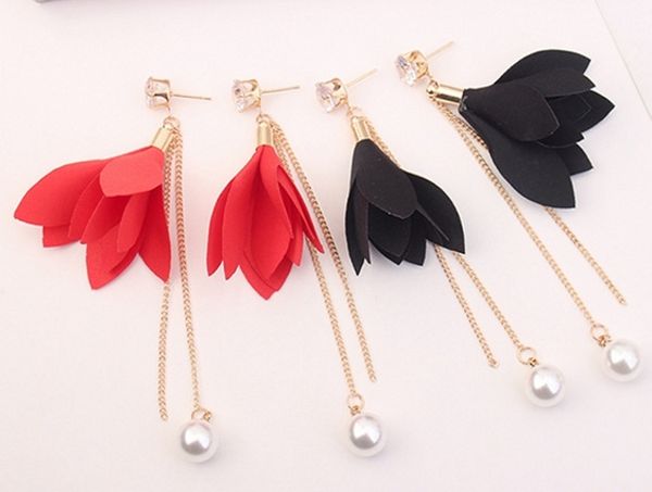 

fabric cloth flowers earrings pearl pendant women girls long tassel earrings fashion sweet ear jewelry gifts temperament pink dhl h50r, Silver