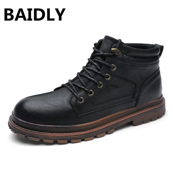 

genuine leather mens boots autumn winter leather motorcycle boots fashion outdoor ankle work vintage style high shoes, Black