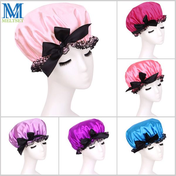 

wholesale-beautiful bowknot shower cap lace elastic bath cap satin hair cover hat