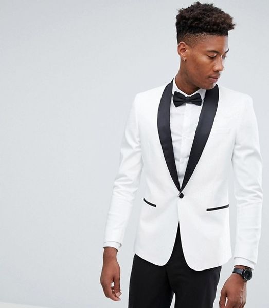 Günstige weiße One Button Herrenanzüge Slim Fit Groomsmen Hochzeit Smoking für Männer Blazer Schal Revers Prom Anzug (Jacke + Hose + Fliege)