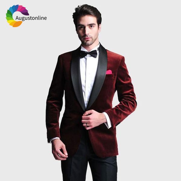 Acheter Fumer Veste Bordeaux Velours Hommes Costumes Noir Châle Revers De Mariage Costume Slim Fit Marié Tuxedos Costume Homme Costume Cérémonie 2