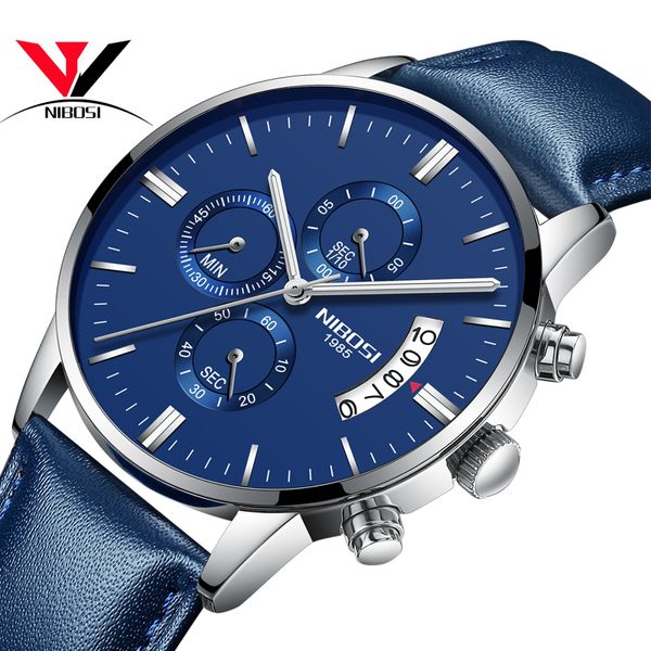 

nibosi luxury watch men leather strap relojes para hombre sport watches for men chronograph wristwatch analog quartz men's watch, Slivery;brown