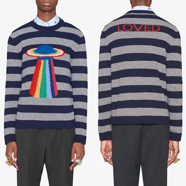 

Планета НЛО печати любовь мужчины полосатые свитера шею простой Slim Fit вязание осе