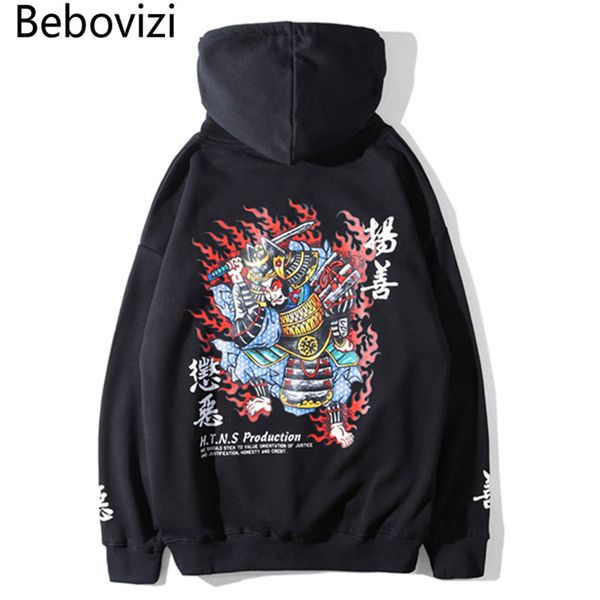 

bebovizi brand hip hop streetwear hooded sweatshirt 2018 japanese samurai promote good and punish evil print cotton hoodies, Black