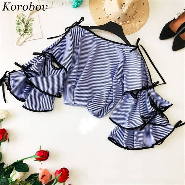 

korobov european stripe blusas ruffles shirt 2018 spring summer flare sleeve slash neck lace-up bow tie design blouses 322, White